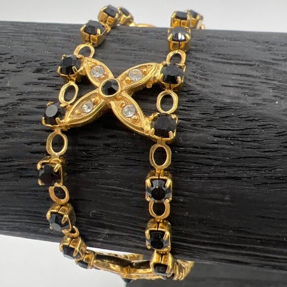 Black & Clear Crystal Bracelet Floral Hugs Gold-tone Chain - 7.25" - Picture 7 of 16